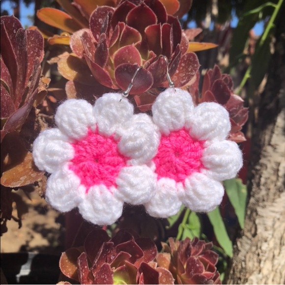 Hand Crafted Jewelry - Handmade Crochet White & Hot Pink Daisy Earrings